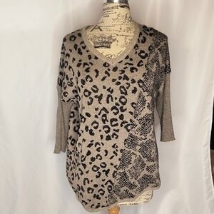 Democracy Black and Tan Patterned Knit Top Animal Print-Chic Leopard Pattern.